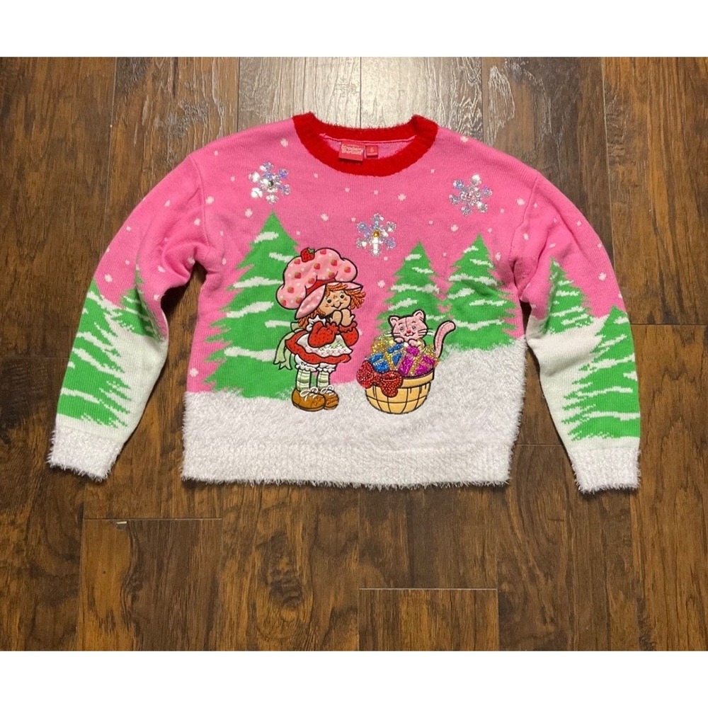 Strawberry Shortcake Pink Christmas Ugly Sweater Sequin Snowflake Womens Small